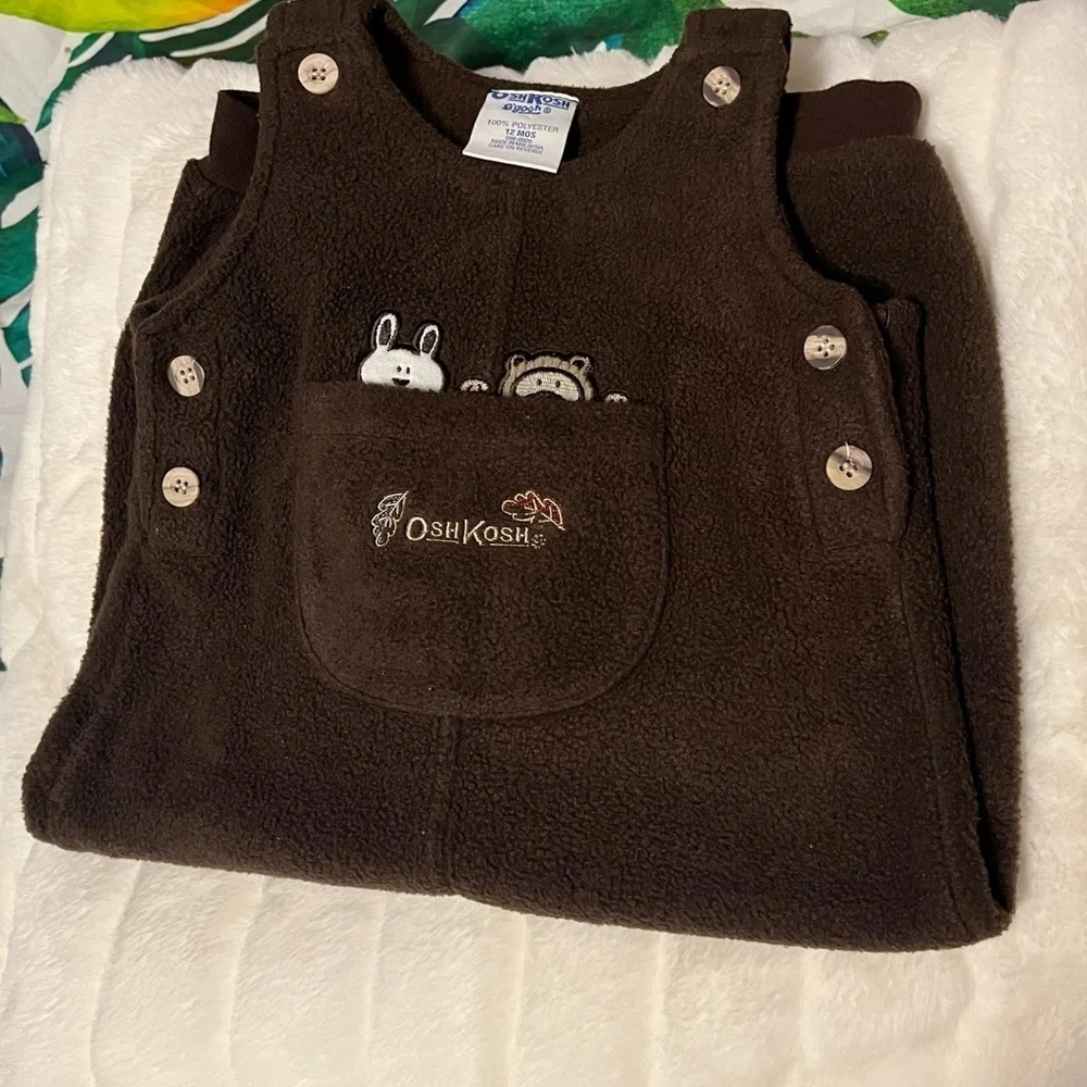 Vintage Oshkosh Baby Infant 12M Bunny Raccoon Fleece Button Fall Cozy Overalls